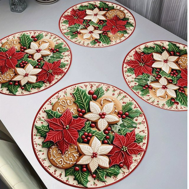 VIKAMA 4-teiliges Weihnachtsstern-Tischset, rundes florales Design, Mehrfarbig - Bild 1