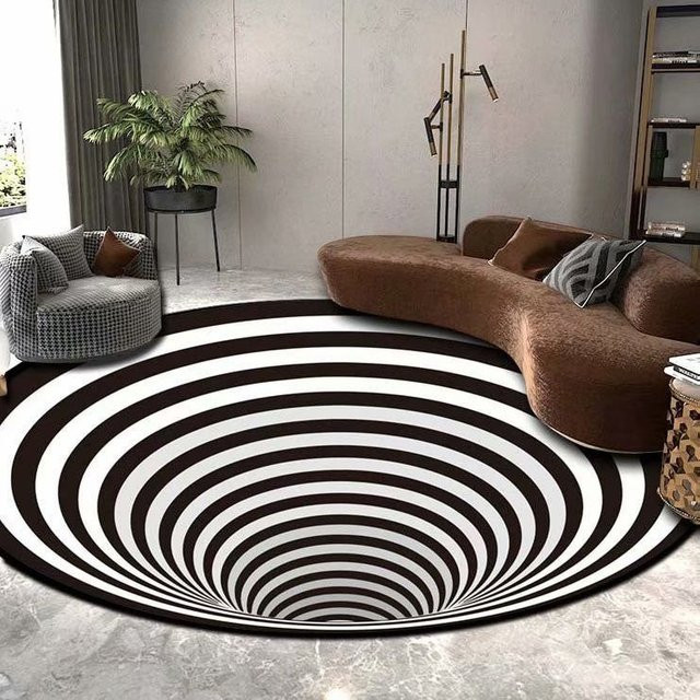 Runder Teppich mit 3D-Wirbel-Illusion von Wucifang Jewelry in Schwarz-Weiß, Durchmesser: 100 cm - Bild 1