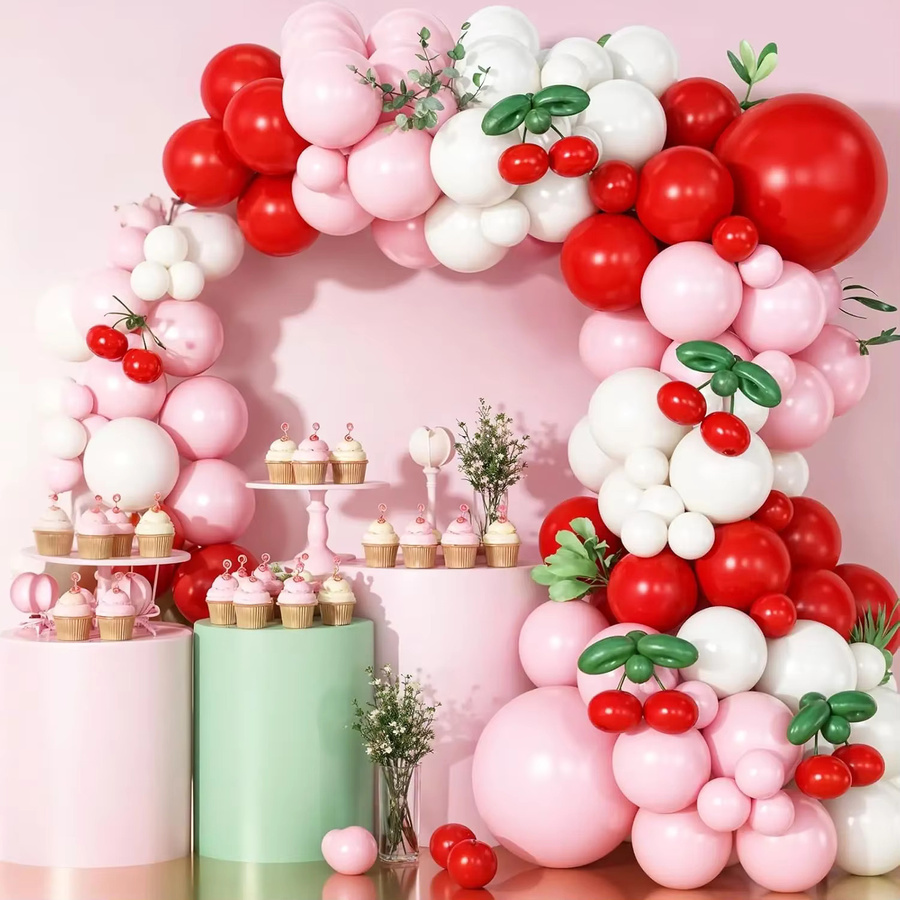 RENYUAN 136-teiliges Kirschballonbogen-Set mit langen Luftballons in Weiß, Rot, Rosa und Grün für deine Babyparty oder Geburtstagsdekoration - Bild 2