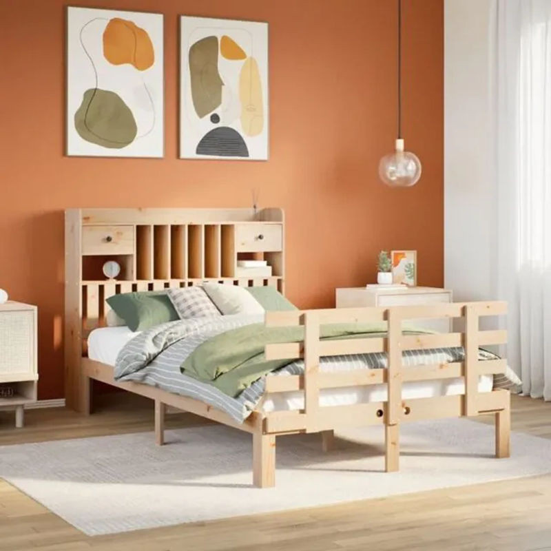 Massivholzbett Vidaxl aus Kiefer mit Regal in Braun, Landhaus und Skandinavisch Stil, B/T: 135 x 190 cm - Bild 1