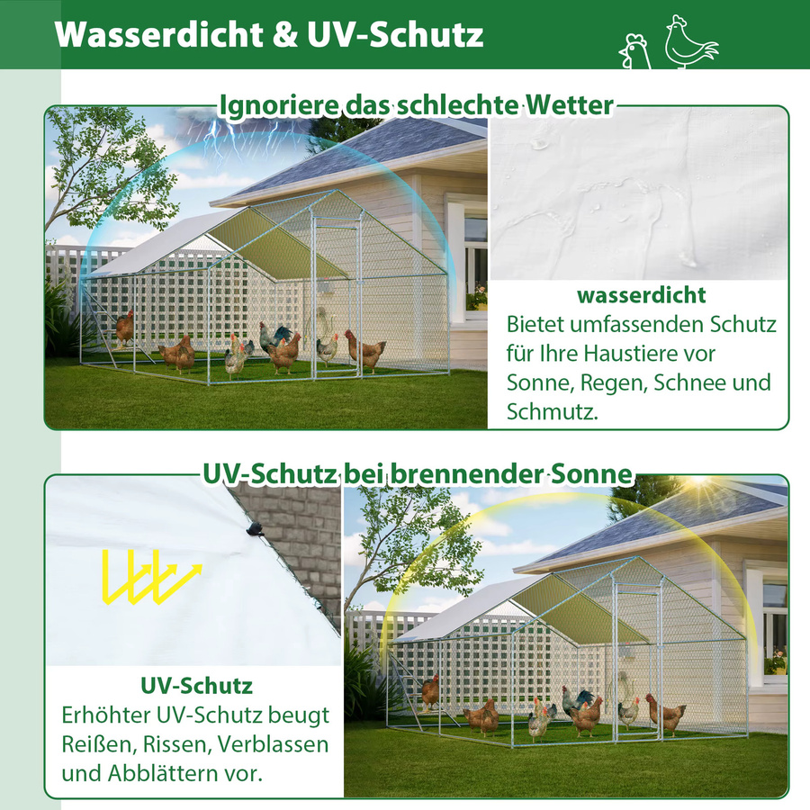 GIHAUVIA Allwetter-Hühnerstall aus Metall mit Klettergerüst und überdachtem Auslauf, Farbe: Grün/Silber, B/T/H: 400 x 303 x 200 cm - Bild 2