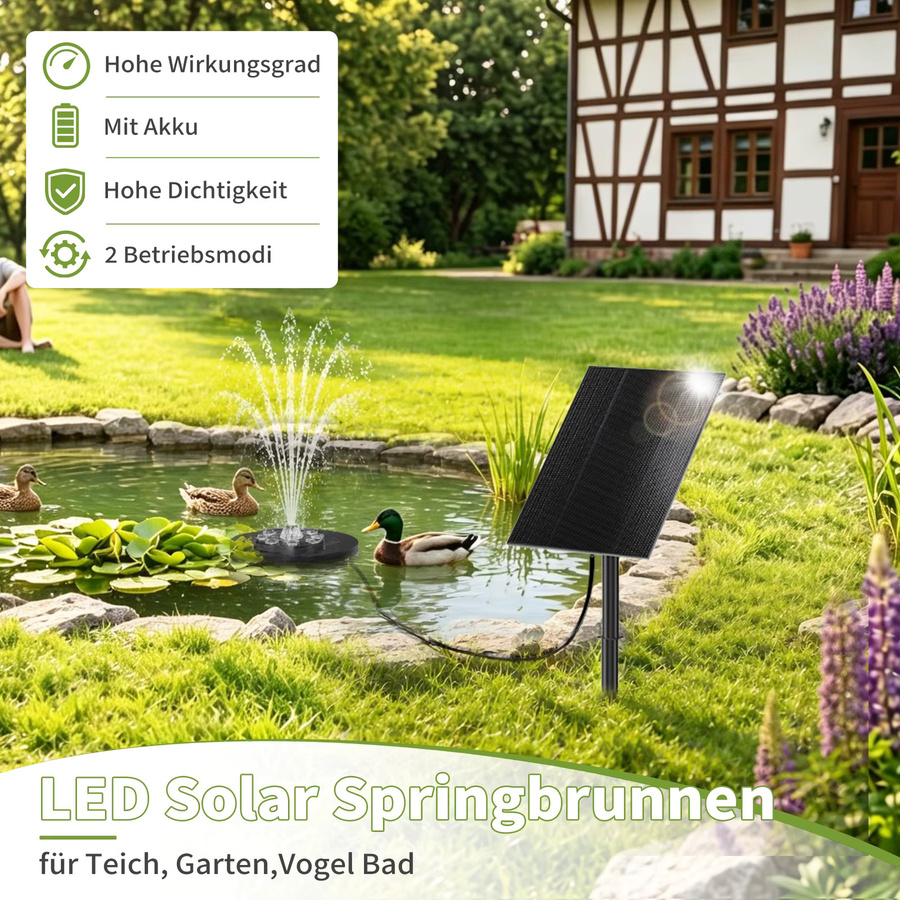 Forever Speed Solarbrunnen für den Außenbereich mit Akku und LED in Schwarz, Solar Springbrunnen für Garten, Teich und Vogelbad mit 8W und 100L/H Wassersprühhöhe - Bild 3