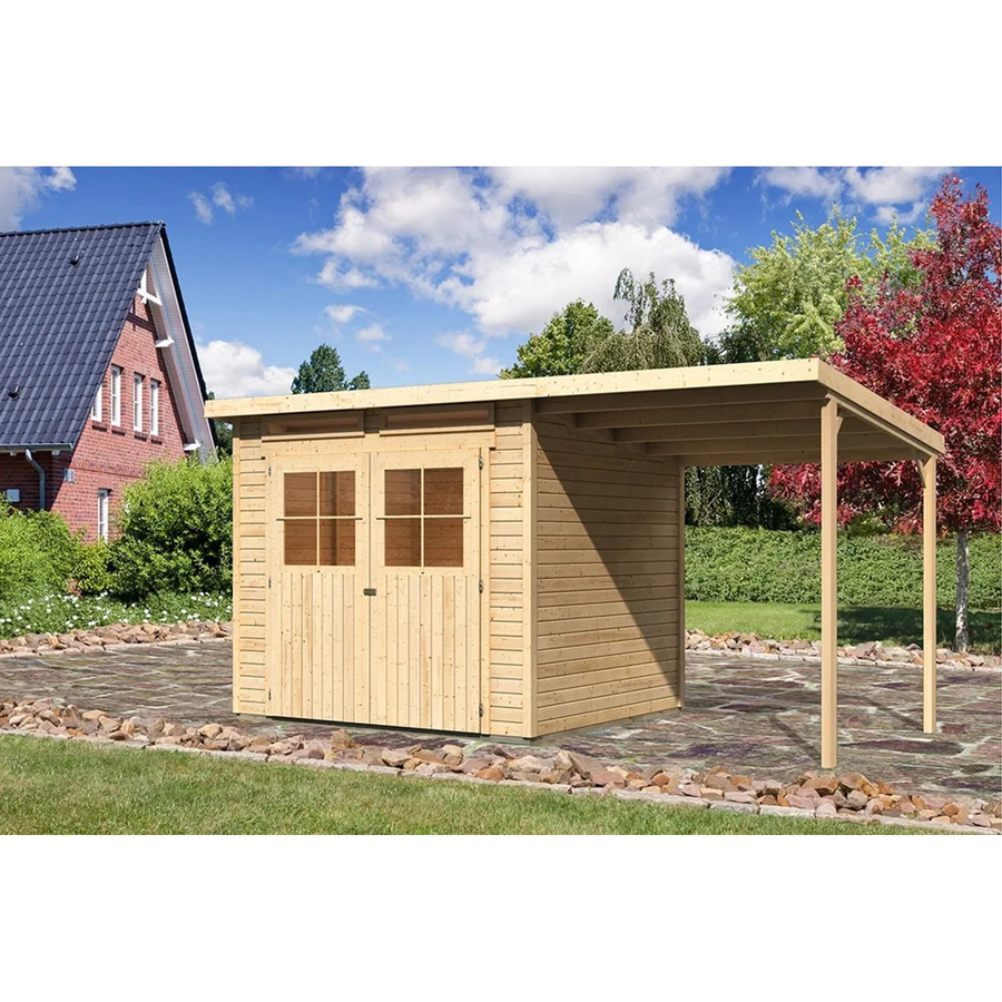 Karibu Holz-Gartenhaus Genf 4 aus Fichtenholz in Natur mit Anbaudach, Verglasung und Doppeltür, B/T/H: 426 x 213 x 220 cm - Bild 2