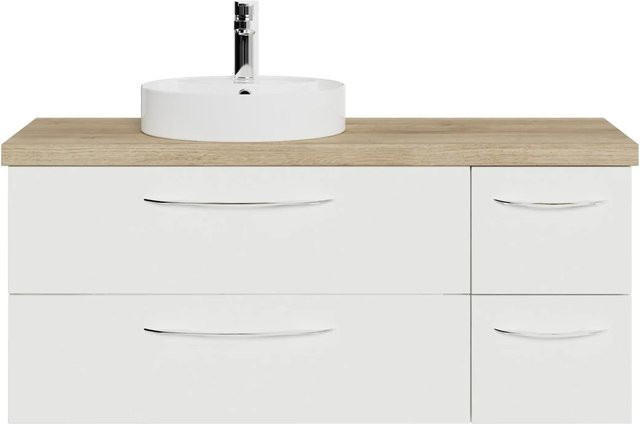 Pelipal Waschtischlösung Serie 4035 mit rundem Keramik-Aufsatzbecken und Unterschrank in Weiß Glanz und Riviera Eiche, Wandmontage - Bild 1