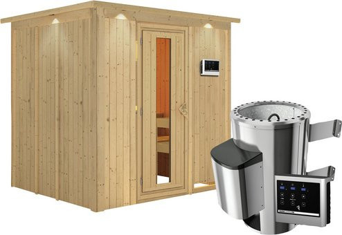 Karibu Sauna Olai aus Fichtenholz mit 3,6 kW Saunaofen und externer Steuerung für 3 Personen, beige - Bild 1