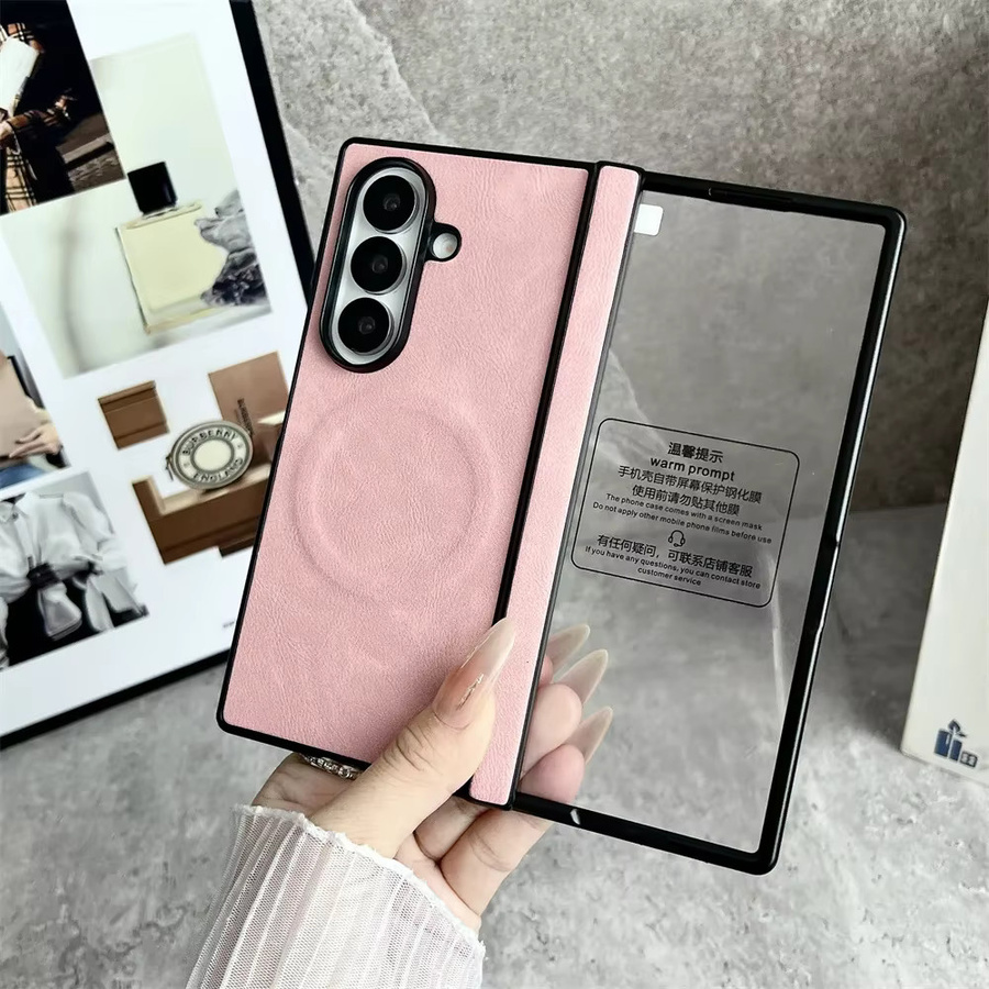 Samsung Galaxy Z Fold 7 6 5 4 Handyhülle aus klassischem Leder mit Magnetabdeckung und Displayschutzfolie aus gehärtetem Glas in Braun oder Pink - Bild 1