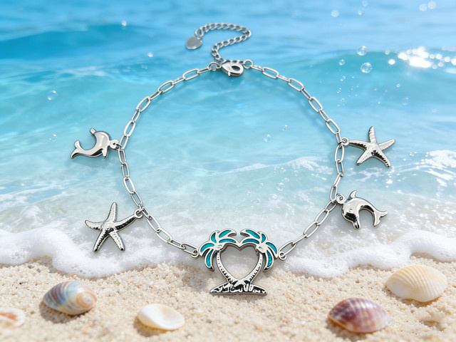 Fußkettchen Silber, Seestern-Delfin-Charm, blauer Palmen-Herz-Anhänger, Damen - Bild 1