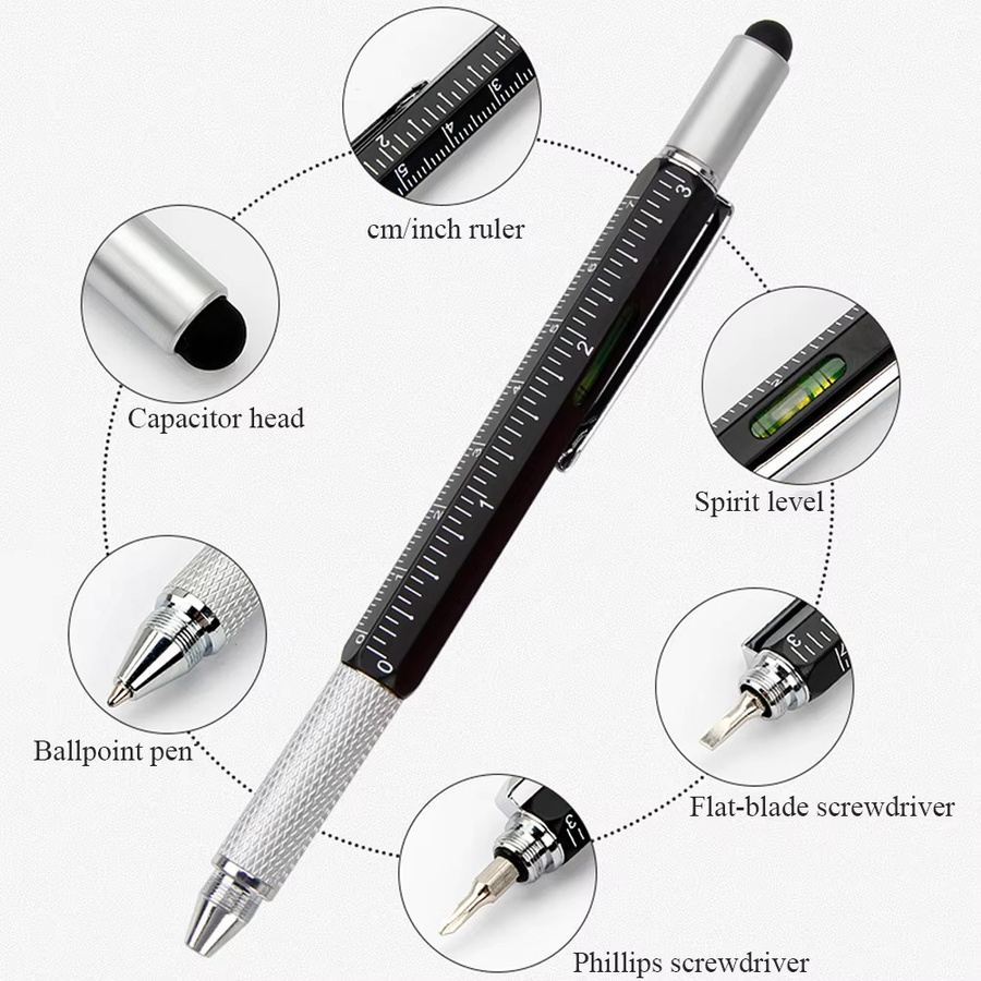 ZOUGOUGO 7-in-1 Multifunktionsstift aus Metall mit Touchscreen-Eingabestift, Kugelschreiber, Schraubendreher, Lineal und Nivelliergerät - Bild 3