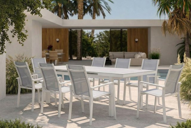 OUTFLEXX Garten-Essgruppe aus Aluminium und Textilene in Weiß und Beige mit Ausziehtisch und 8 Stapelsesseln - Bild 1