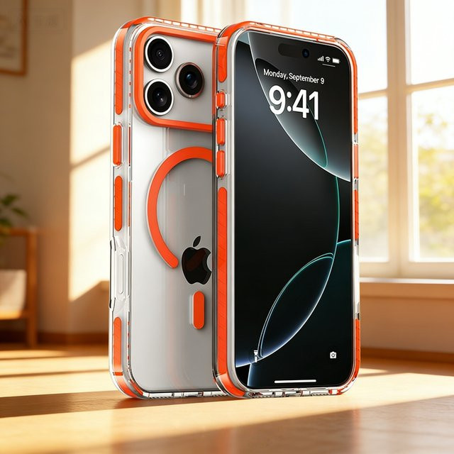 SUNWARD MagSafe Magnetische Kabellose Ladehülle für iPhone 17 Air 16E 15 14Plus 13 12 Pro Max, Transparente PE-Hülle mit gestreiftem Rand in Orange - Bild 1