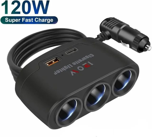 3-in-1 Auto-Zigarettenanzünder mit Dual-USB-Buchse und 120 W Schnellladegerät für 12 V und 24 V, Schwarz - Bild 1