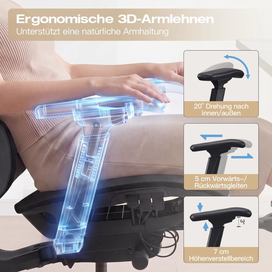 WELAX S7 Ergonomischer Bürostuhl mit Netzrücken, hoher Rückenlehne, Lendenstütze, Fußstütze und 4-fach verstellbaren Armlehnen in Schwarz oder Weiß - Bild 4
