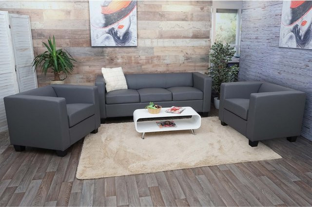 MCW Sofagarnitur Lille in Dunkelgrau aus Kunstleder mit 3er Sofa und 2 Sesseln im modernen Lounge-Stil - Bild 1