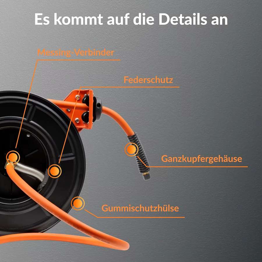 Giraffe Tools Druckluftschlauchtrommel mit Automatik-Aufroller, 15 m Schlauchlänge, 1/4 Zoll Anschluss, 3/8 Zoll Schlauch Ø 9,5 mm, max. 20 bar, Stahlkonstruktion, Farbe: Orange - Bild 2