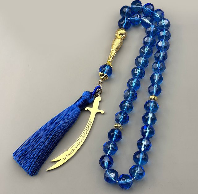 JYTF Anhänger Ali Zulfiqar Schwert, Edelstahl, Gold, Blauglas, Unisex - Bild 1