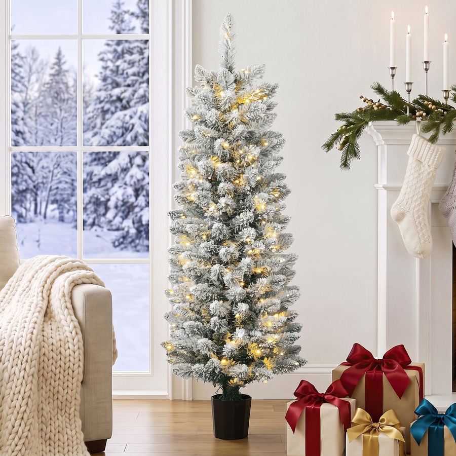 Aosom Schneebedeckter Weihnachtsbaum mit 100 LED-Lichtern und 8 Modi, Höhe: 120 cm, Grün und Weiß - Bild 2