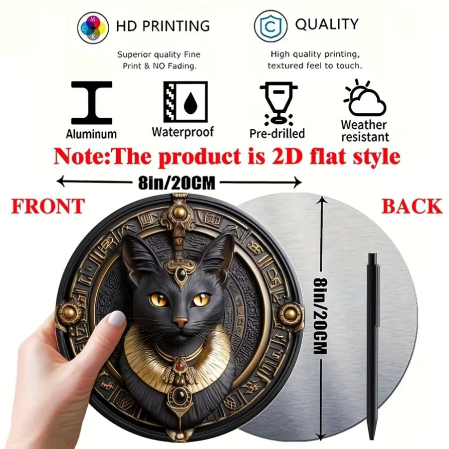 CIFBUY Vintage Ägyptische Schwarze Katze Wandkunst aus Metall, Rundes Aluminium-Schild in Schwarz und Gold mit Sphinx-Motiv - Bild 2