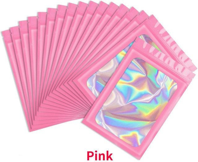 100 Stück Mylar-Beutel von HaiKouLiJinHaiKeJiYouXianGongSi in Rosa, holografische Laserfarbe, geruchsdichte Kunststoff-Verpackungsbeutel mit Druckverschluss, B: 7,5 cm, H: 12 cm - Bild 1