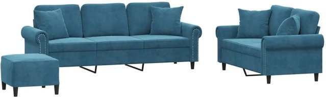 vidaXL 3-teilige Sofagarnitur aus Samt in Blau mit 3-Sitzer, 2-Sitzer und passendem Ottoman sowie Kissen - Bild 1