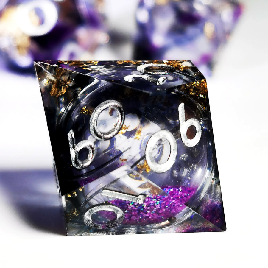 Purple Glitter DnD Würfelset, 7 Polyedrische Harzwürfel, Lila, Fantasy - Bild 2