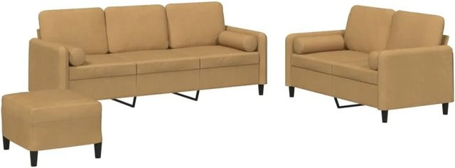 vidaXL 3-teilige Sofagarnitur aus Samt in Braun und Beige mit Ottoman und Kissen im modernen L-Shape Design - Bild 1