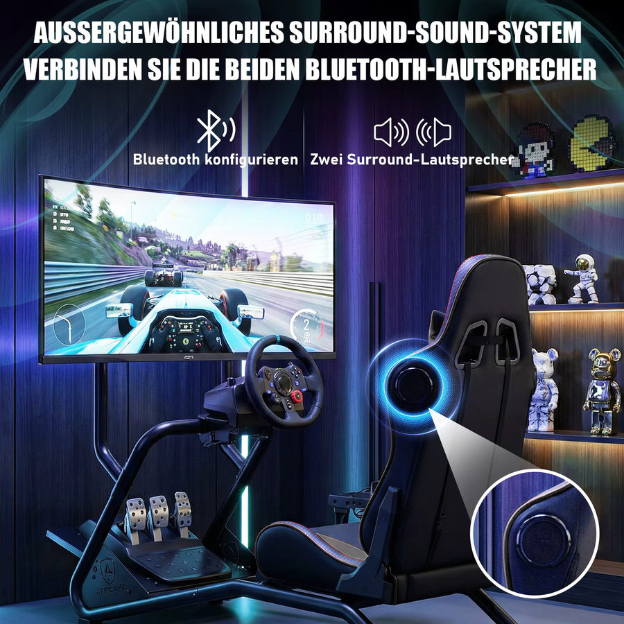 GTPLAYER Simulator Cockpit Rennsimulator Lenkradständer mit 3D-Stereo-Lautsprechern und Monitorhalterung in Schwarz - Bild 3