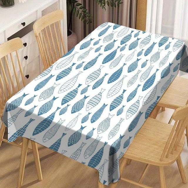 Rechteckige Tischdecke von JMG Household Supplies mit blau-weißem Sardinenfisch-Muster, wasserabweisend und waschbar, B/T: 90 x 140 cm - Bild 1