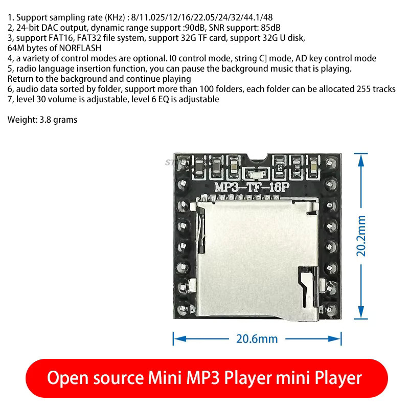 DFPlayer Mini MP3 Player Modul V3.0 mit 16-Pin Anschluss für TF-Karte und U-Disk in Schwarz - Bild 2