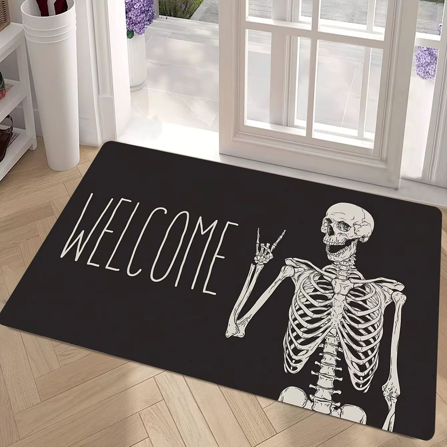 VIKAMA Halloween Bodenmatte mit Schädel-Motiv und Welcome-Schriftzug in Schwarz für Innen und Außen - Bild 3