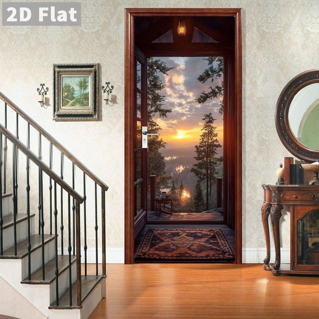 Selbstklebender Türsticker Sticker House Landschaft Steintreppe Wandbild Moderne Heimdekoration Mehrfarbig B: 77 cm, H: 200 cm - Bild 1