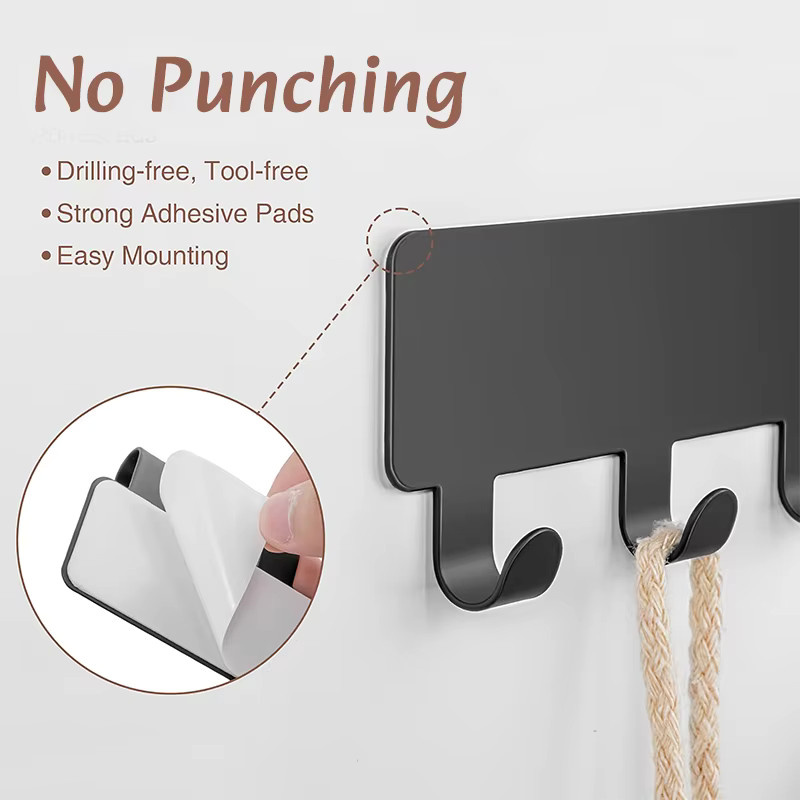 YOCITY Schlüsselhalter aus Metall mit 4 Haken zur Wandmontage, selbstklebend, in Schwarz oder Weiß - Bild 3