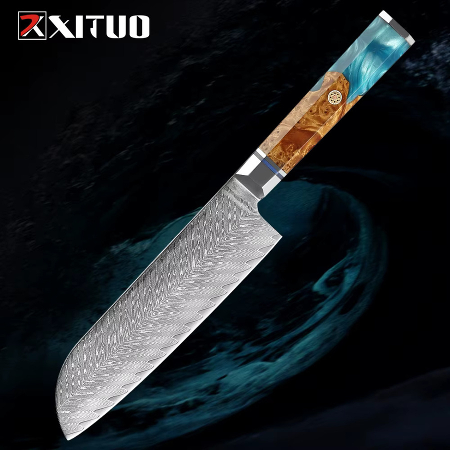 XITUO Santoku-Messer aus Damaszener Stahl mit Holzgriff, 17,78 cm, Mehrfarbig - Bild 5