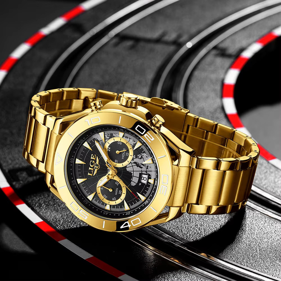 LIGE Armbanduhr Edelstahl, Quarz, Gold, Herren, Wochentagsanzeige - Bild 2