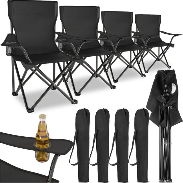 tectake Set Campingstühle Gil 4er Set Schwarz aus Stahl und Polyestergewebe mit Getränkehalter und Armlehnen, B/T/H: 80 x 48 x 84,5 cm - Bild 1