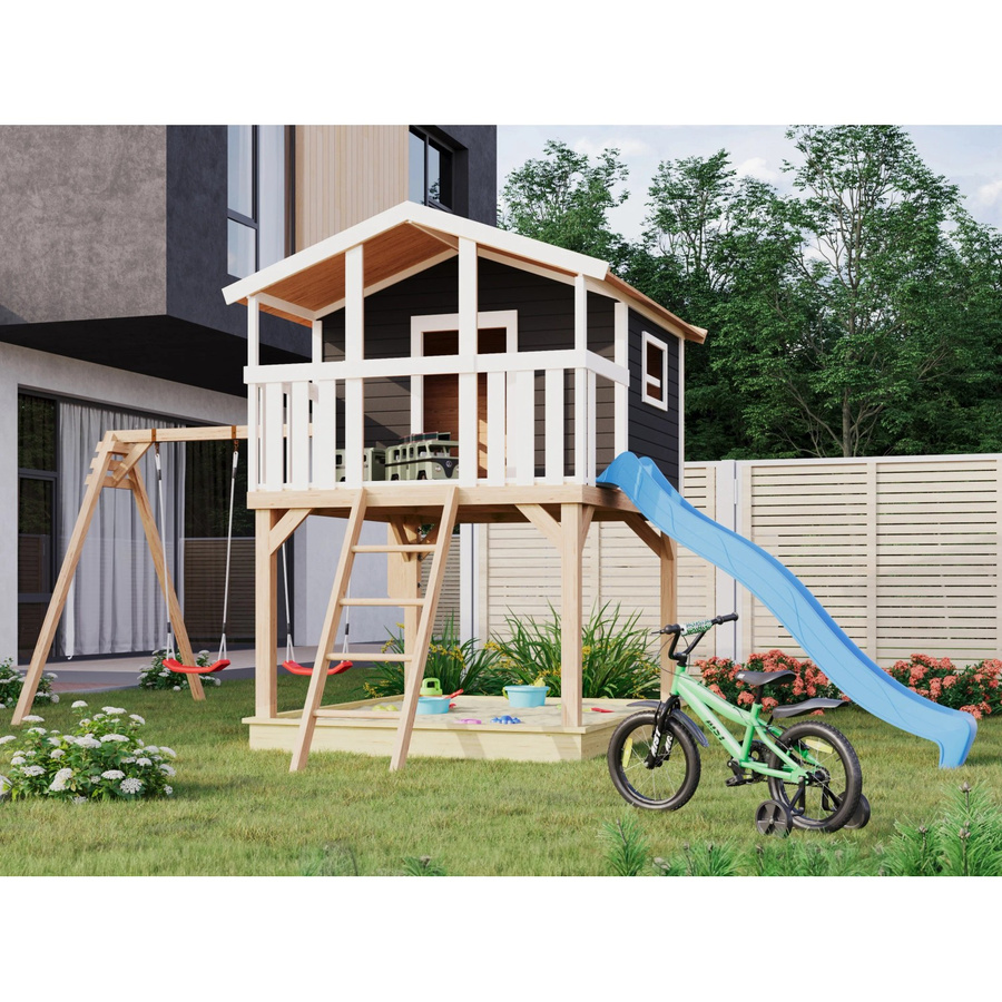 Karibu Stelzenhaus Benjamin in Terragrau mit Doppelschaukel und blauer Rutsche - Bild 2