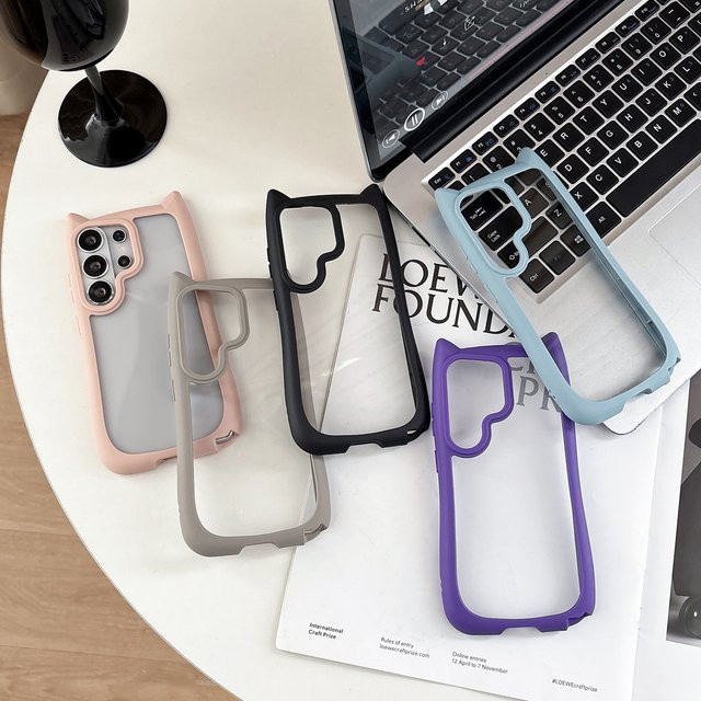 Transparente Handyhülle mit niedlichen 3D-Katzenohren für Samsung Galaxy S26 Ultra, S25, S24 und S23 Plus aus hartem PC-Acryl, stoßfest und klar - Bild 1
