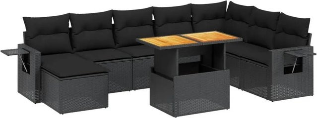 vidaXL 9-tlg. Garten-Sofagarnitur in L-Form aus schwarzem PE-Rattan mit Kissen und Akazienholz - Bild 1