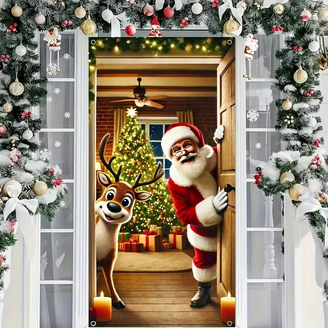 VIKAMA Weihnachtsmann-Türvorhang mit Rentier-Motiv in Multicolour, Weihnachtsdekoration für Haustür und Veranda, Breite: 90 cm, Höhe: 180 cm - Bild 1