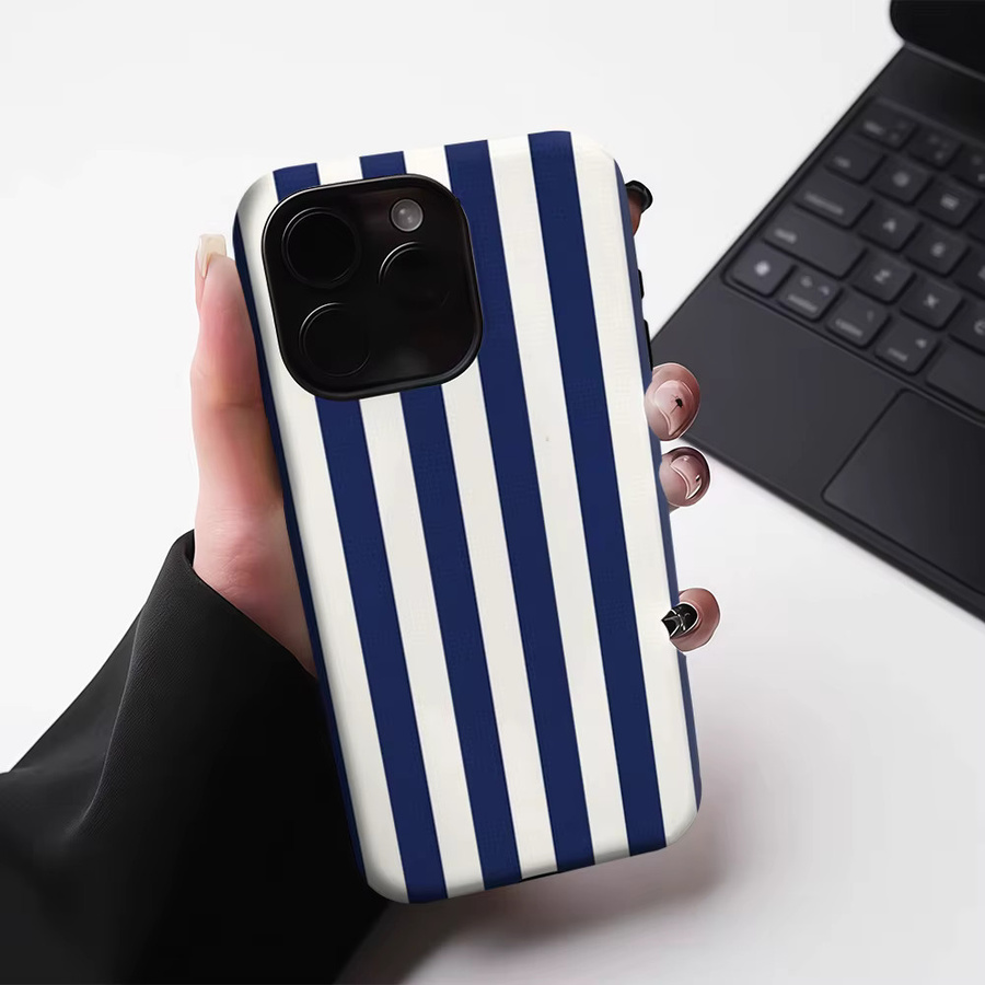 Robuste Handyhülle von Potdemiel mit marineblauen und weißen vertikalen Streifen für iPhone 17 16 15 14 13 Pro Max Plus, magnetische Doppelschicht-Schutzhülle - Bild 5