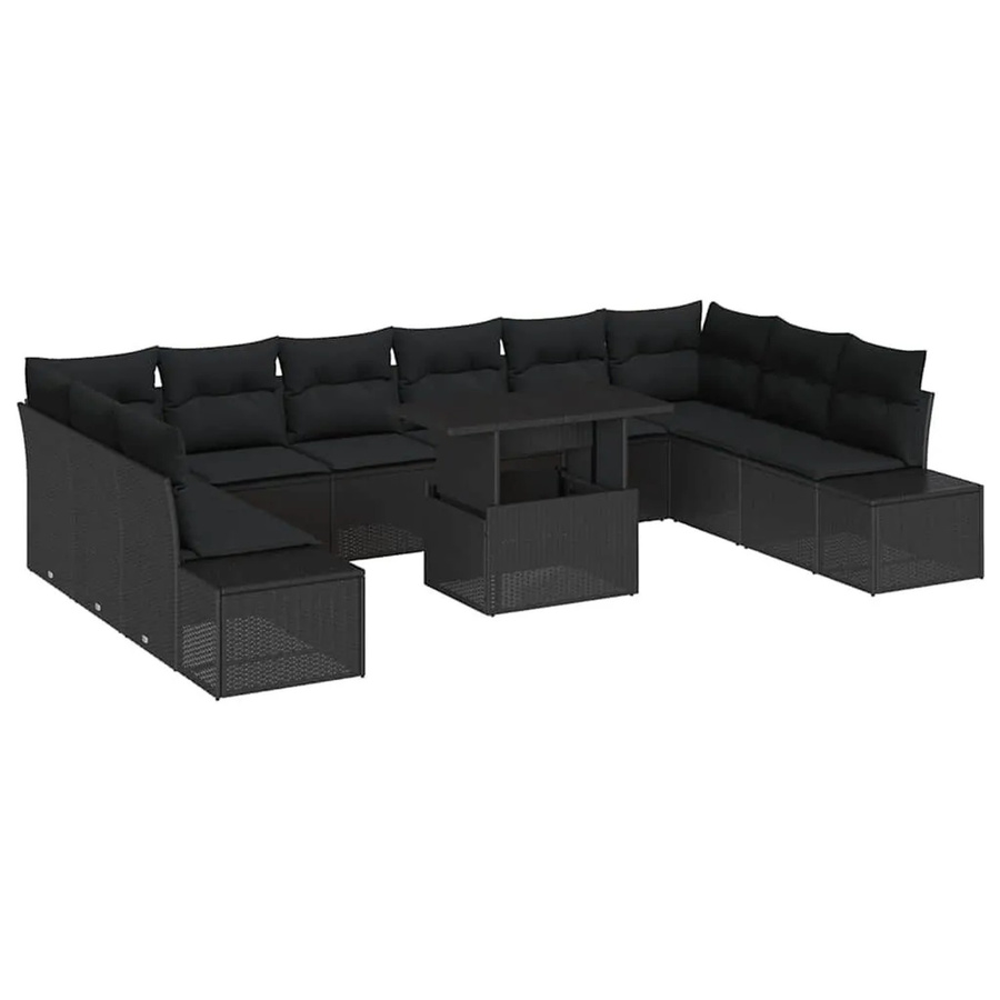 vidaXL Garten-Sofa-Set in U-Form mit 11-teiligem Polster-Set und integriertem Kissen-Speicher, Schwarz - Bild 2