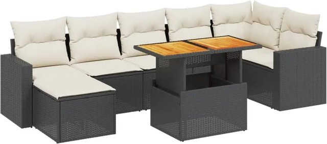 vidaXL 8-tlg. Garten-Sofagarnitur in L-Form aus Polyrattan mit Kissen und Tisch in Schwarz - Bild 1