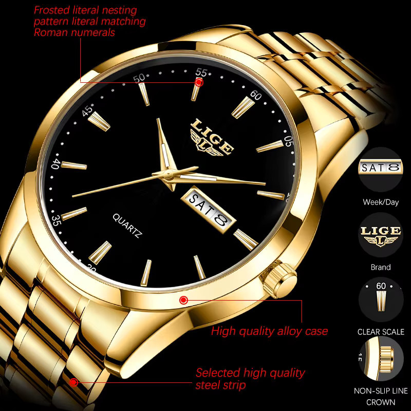 LIGE Armbanduhr Quarz, Edelstahl, Schwarz, Herren - Bild 2