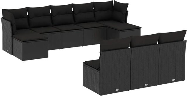 vidaXL 10-tlg. Garten-Sofagarnitur in L-Form aus Polyrattan mit Kissen, Schwarz - Bild 1
