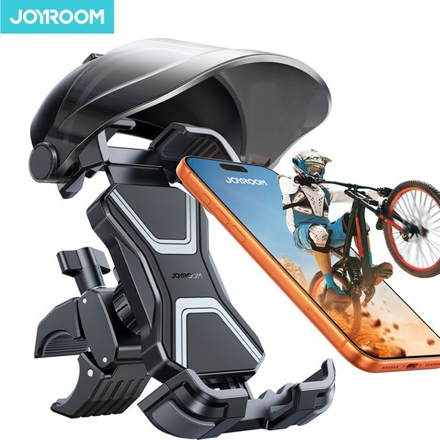 Joyroom Universeller Fahrrad-Handyhalter mit Sonnenschutz für iPhone und Samsung, MTB-Bike-Motorrad-Ständer, Schwarz - Bild 1