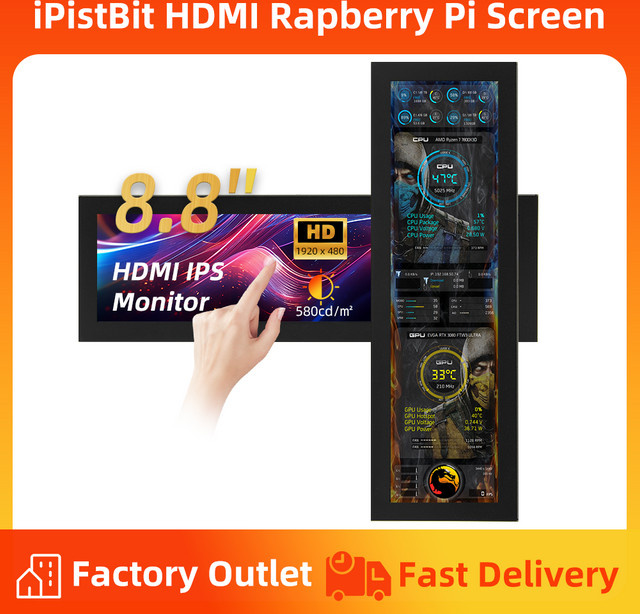 iPistBit 8,8 Zoll IPS LCD Sekundärbildschirm mit HDMI und 1920 x 480 Auflösung in Schwarz für PC Gehäuse und Hardware-Monitoring - Bild 1