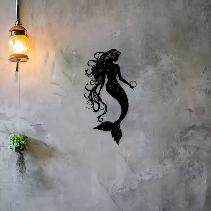 CIFBUY Meerjungfrau Metallwandkunst in Schwarz, Witterungsbeständige Eisenskulptur für Garten und Schlafzimmer mit maritimen Motiven - Bild 2