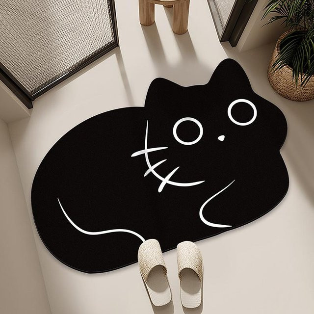 Kieselgur Bodenmatte mit Schwarzer Katze von Yiran Furniture, Schwarz, B/T: 60 x 40 cm, schnelltrocknend und rutschfest - Bild 1