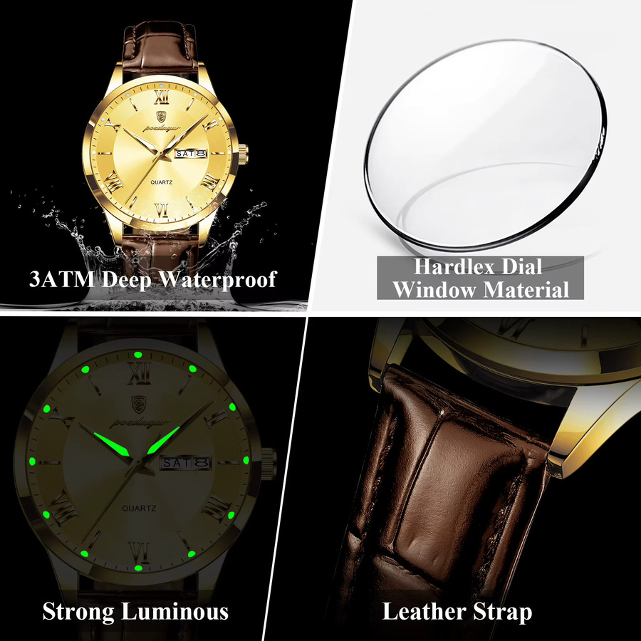 POEDAGAR Armbanduhr, Quarz, Leder, Gold, Herren - Bild 4