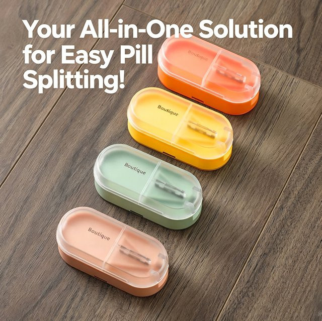 Tragbarer Pillenschneider mit Aufbewahrungsfach und scharfer Klinge, Mini-Pillenteiler-Box in Gelb - Bild 1
