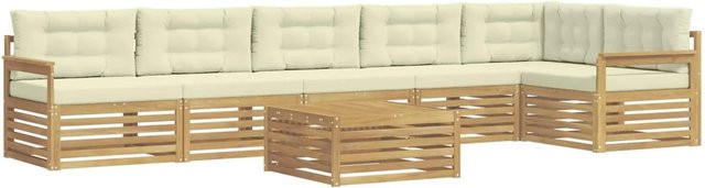 vidaXL Outdoor-Sofagarnitur in L-Form aus massivem Akazienholz mit Kissen, 7-teilig, Weiß und Beige - Bild 1
